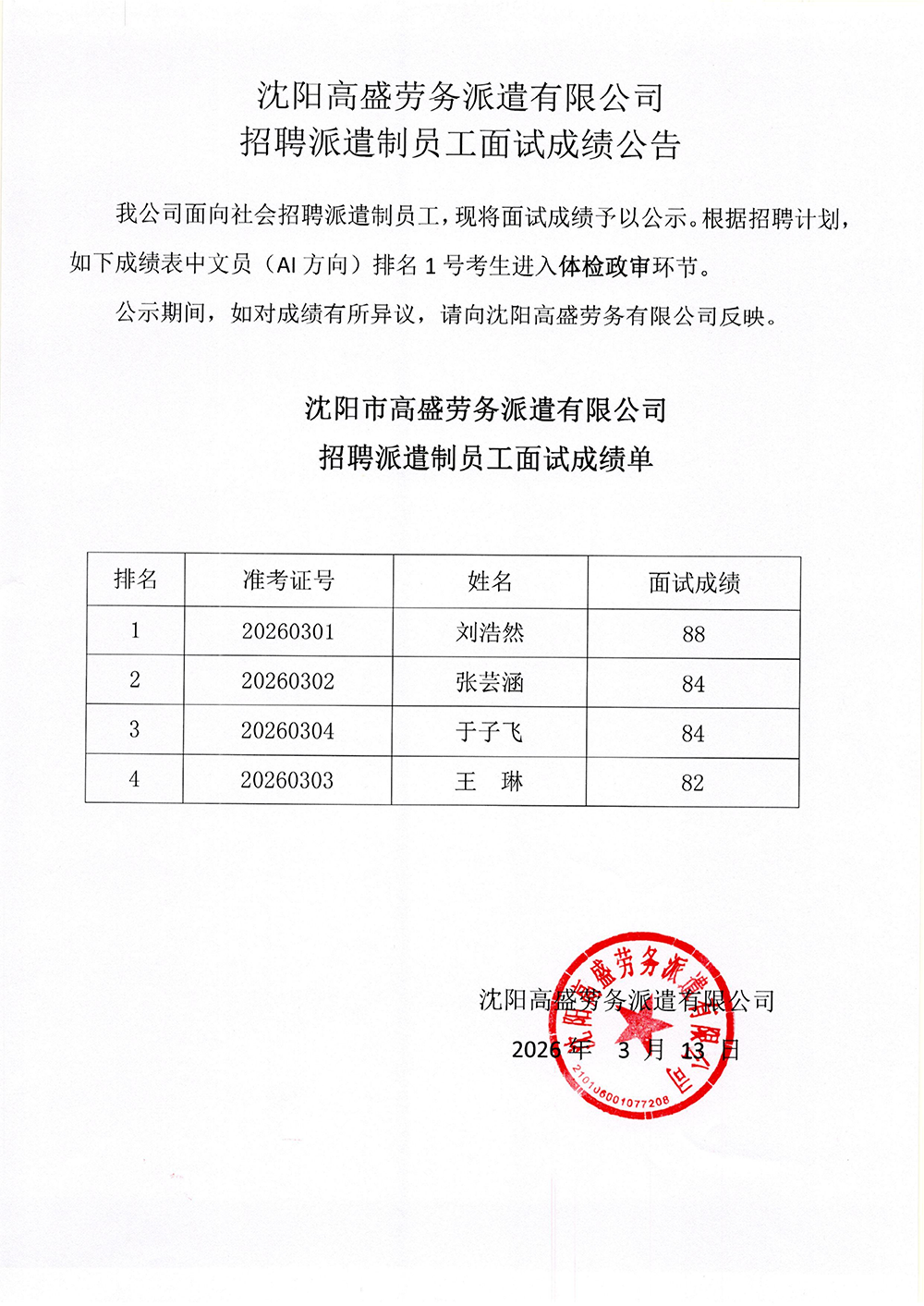 沈阳高盛劳务派遣有限公司 招聘派遣制员工面试成绩公告